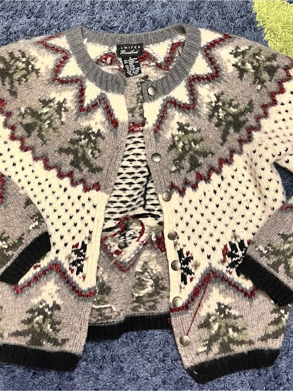 The Limited Fair Isle Cardigan Sweater in Cream, Gray & Green Accents